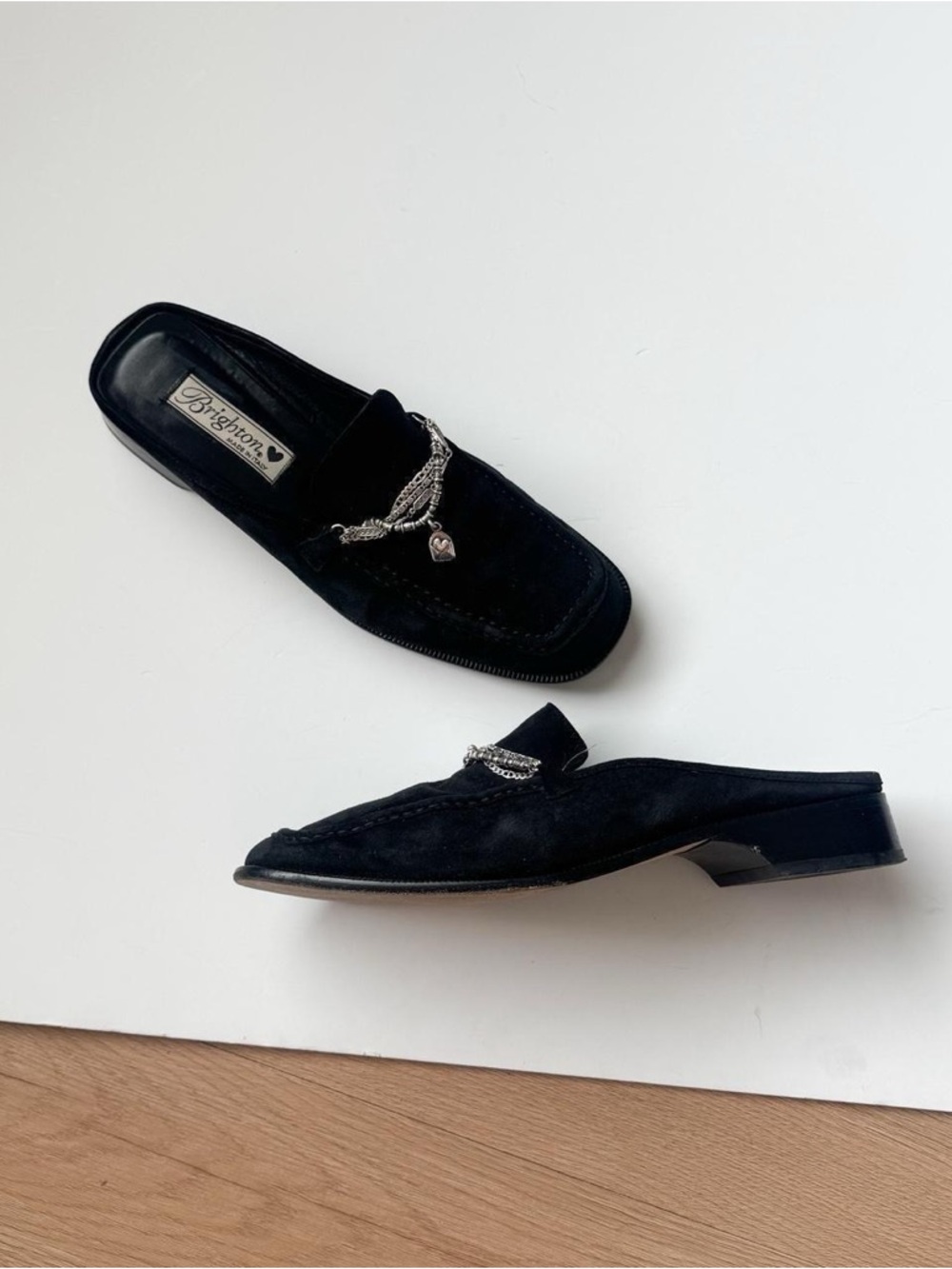 Vintage Black Suede Leather Mules 8.5 Silver Charms 90s Square Toe Brighton